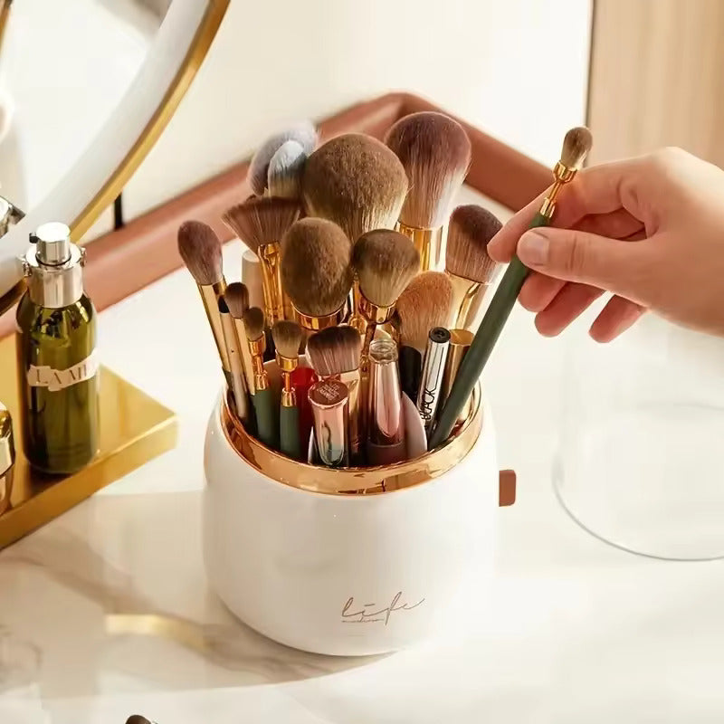 Cosmetic Storage Dustproof 360° Rotating Compartment Brush Holder Organizer
