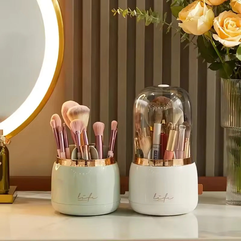 Cosmetic Storage Dustproof 360° Rotating Compartment Brush Holder Organizer