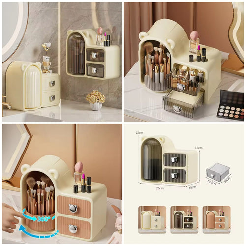 Bear Shaped 360 Makeup Brush Holder Wall-Mounted Dustproof With Drawer Lid
