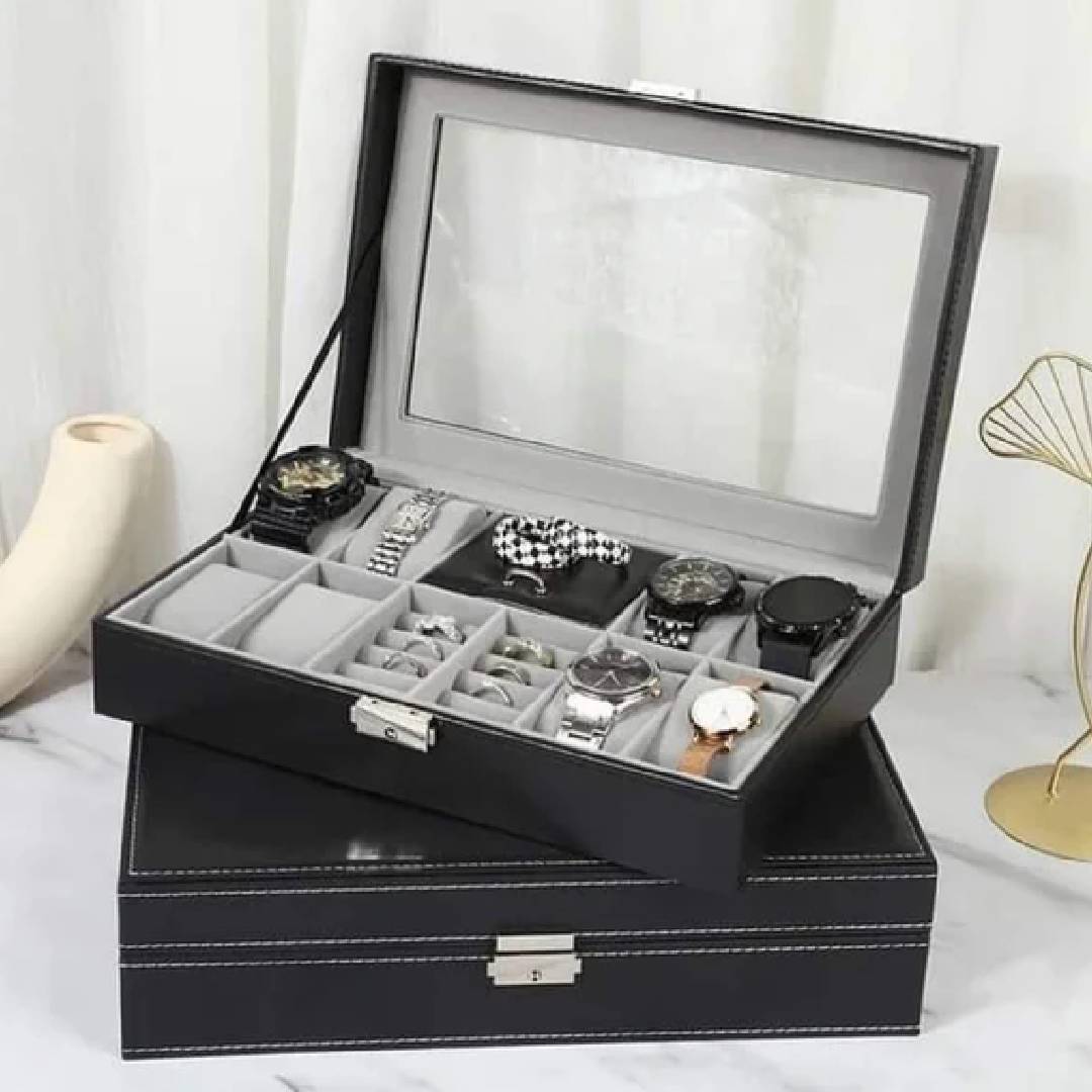 8 Slot PU Leather Watch + Ring Organizer Leather Watch Box With Lock System 00090