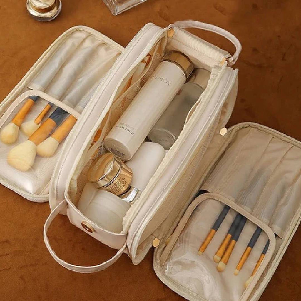 Multifunctional Luxury PU Leather 3 Layer  Double Zipper With Handle Makeup Cosmetic Bag Storage Organizer