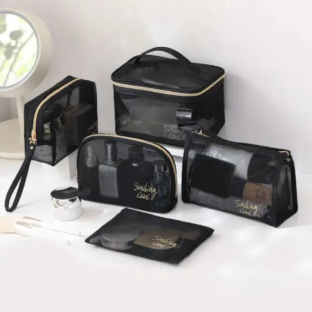 Multipurpose Smiling Girl Black Mesh Zipper Makeup Bag Cosmetic Pouch Travel Organizer 5 Pcs Set