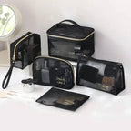 Multipurpose Smiling Girl Black Mesh Zipper Makeup Bag Cosmetic Pouch Travel Organizer 5 Pcs Set