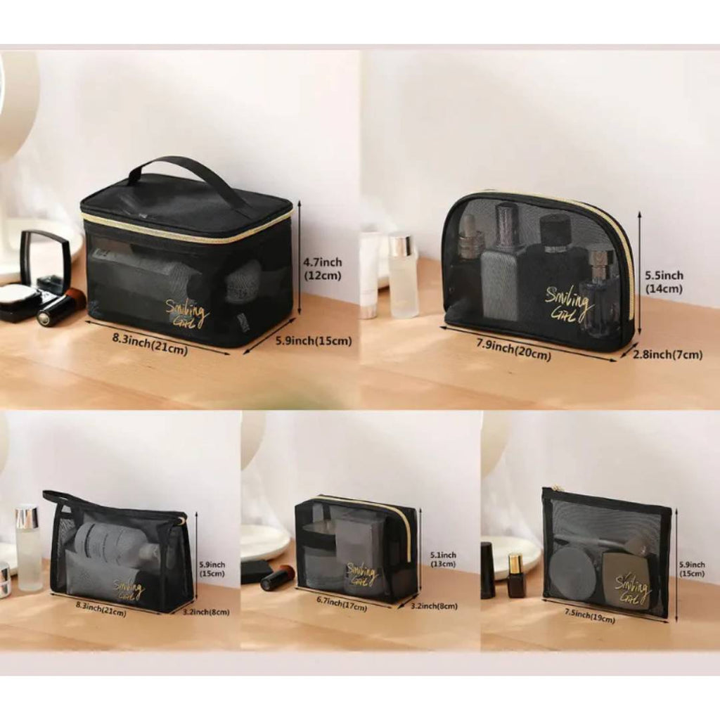 Multipurpose Smiling Girl Black Mesh Zipper Makeup Bag Cosmetic Pouch Travel Organizer 5 Pcs Set