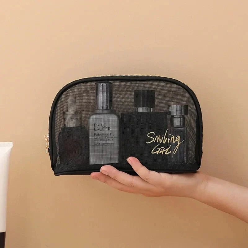 Multipurpose Smiling Girl Black Mesh Zipper Makeup Bag Cosmetic Pouch Travel Organizer 5 Pcs Set