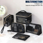 Multipurpose Smiling Girl Black Mesh Zipper Makeup Bag Cosmetic Pouch Travel Organizer 5 Pcs Set