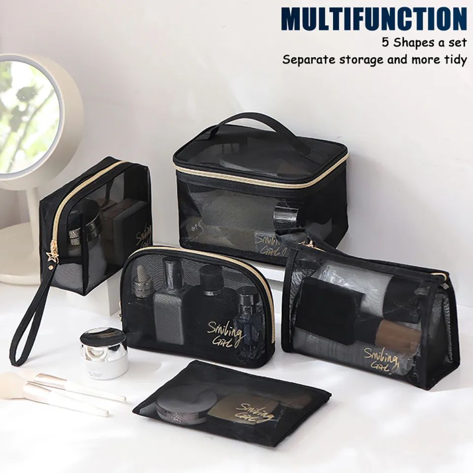 Multipurpose Smiling Girl Black Mesh Zipper Makeup Bag Cosmetic Pouch Travel Organizer 5 Pcs Set