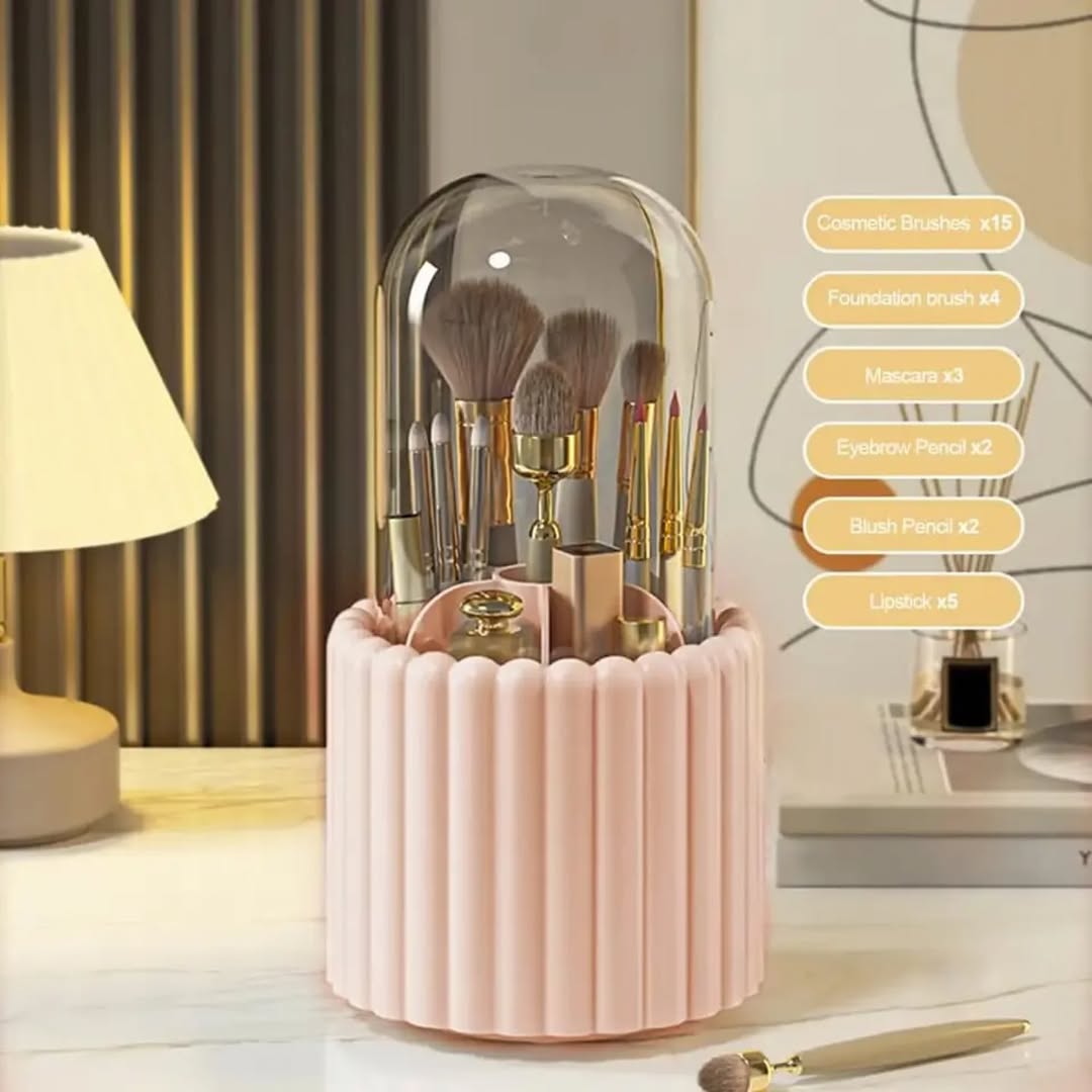 360° Rotating Makeup Brush Holder with Lid Cosmetic Storage Makeup Box Jewelry Container Organizer 15200