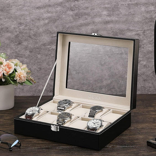 10 Slot PU Leather Watch Organizer Leather Watch Box With Lock System 10804